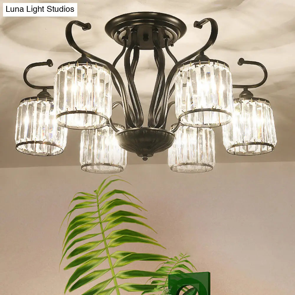 DecorBites™ DecorBites™ Modern 3/6-Light Cylindrical Crystal Semi Mount Ceiling Light - Black, for Living Room