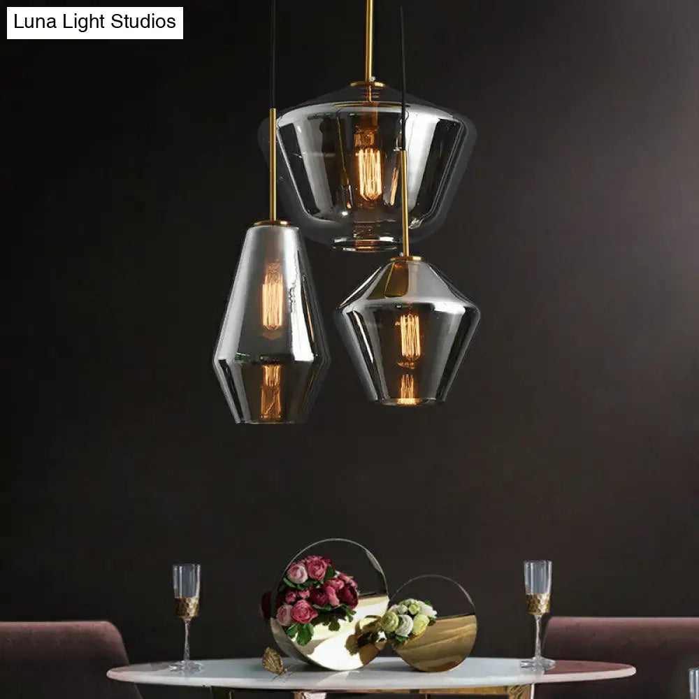 Modern 3-Bulb Brass Geometric Pendant Light with Glass Shade