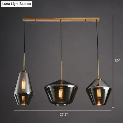 Modern 3-Bulb Brass Geometric Pendant Light with Glass Shade