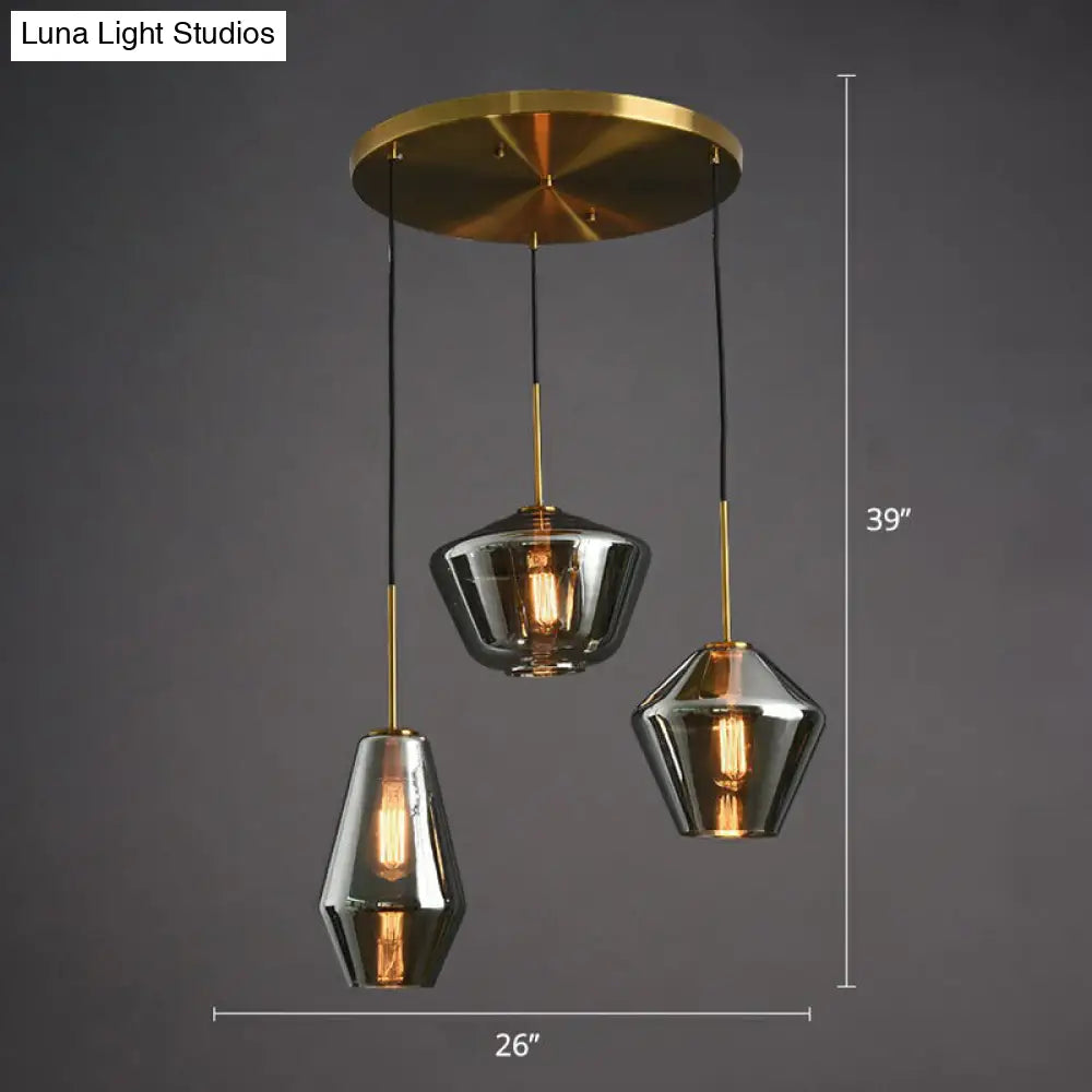 Modern 3-Bulb Brass Geometric Pendant Light with Glass Shade