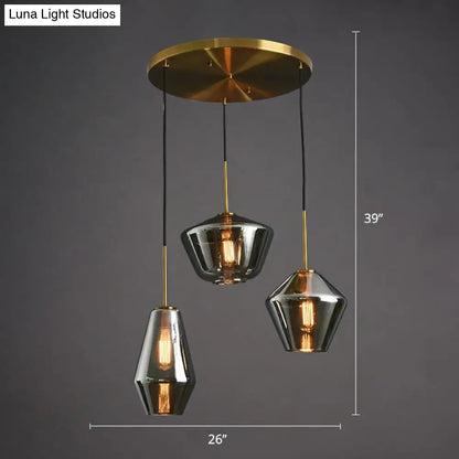 Modern 3-Bulb Brass Geometric Pendant Light with Glass Shade