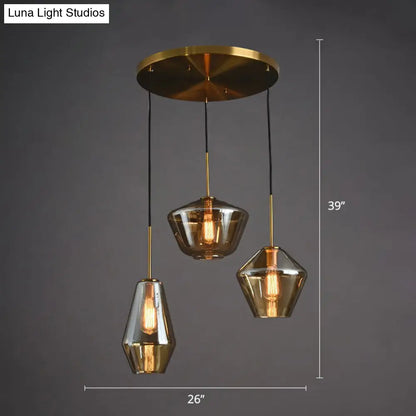 Modern 3-Bulb Brass Geometric Pendant Light with Glass Shade