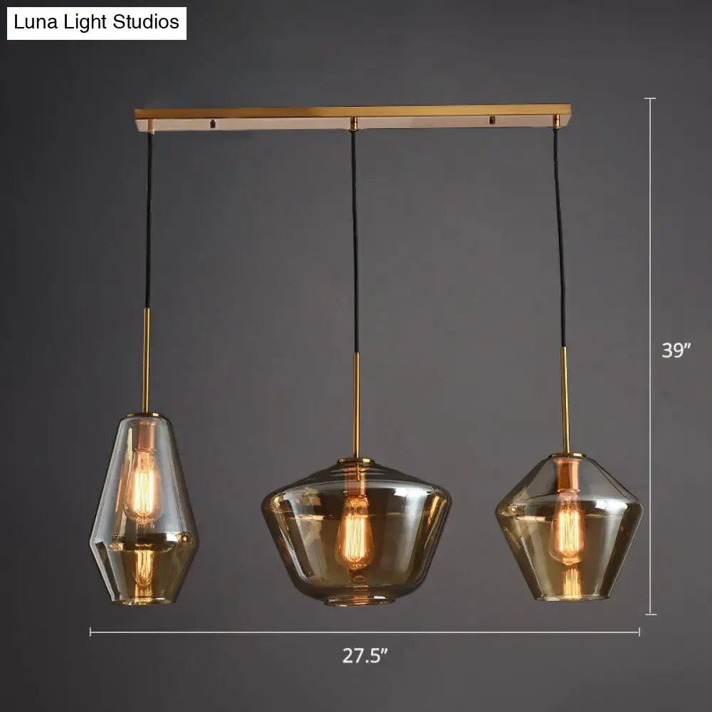 Modern 3-Bulb Brass Geometric Pendant Light with Glass Shade