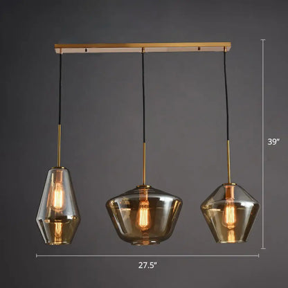 Modern 3-Bulb Brass Geometric Pendant Light with Glass Shade