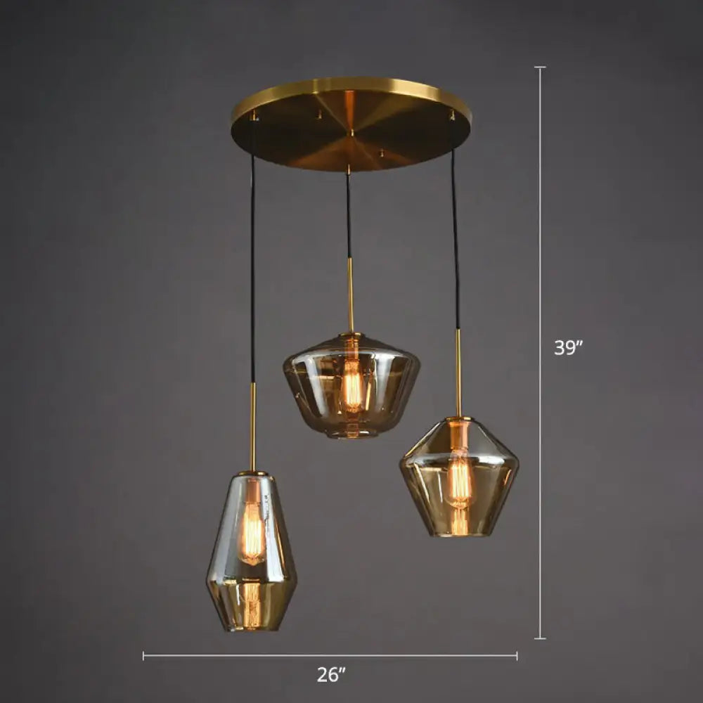 Modern 3-Bulb Brass Geometric Pendant Light with Glass Shade