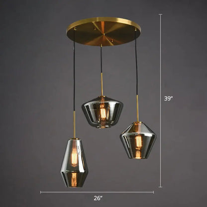 Modern 3-Bulb Brass Geometric Pendant Light with Glass Shade