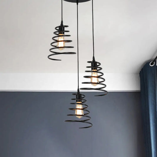 Modern 3-Head Pendant Light in Black - Multi Light Fixture for Loft, Conical Spring Iron Design with Round/Linear Canopy