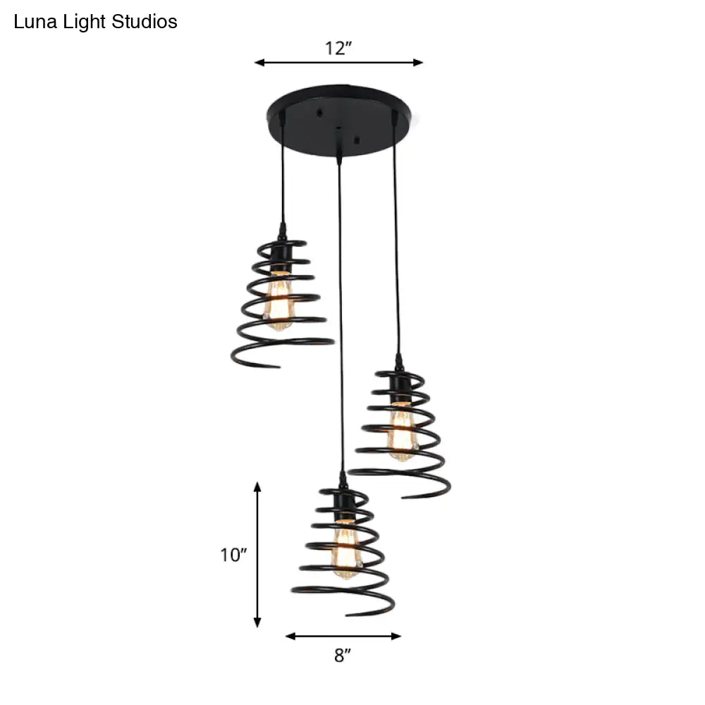 Modern 3-Head Pendant Light in Black - Multi Light Fixture for Loft, Conical Spring Iron Design with Round/Linear Canopy