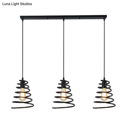 Modern 3-Head Pendant Light in Black - Multi Light Fixture for Loft, Conical Spring Iron Design with Round/Linear Canopy