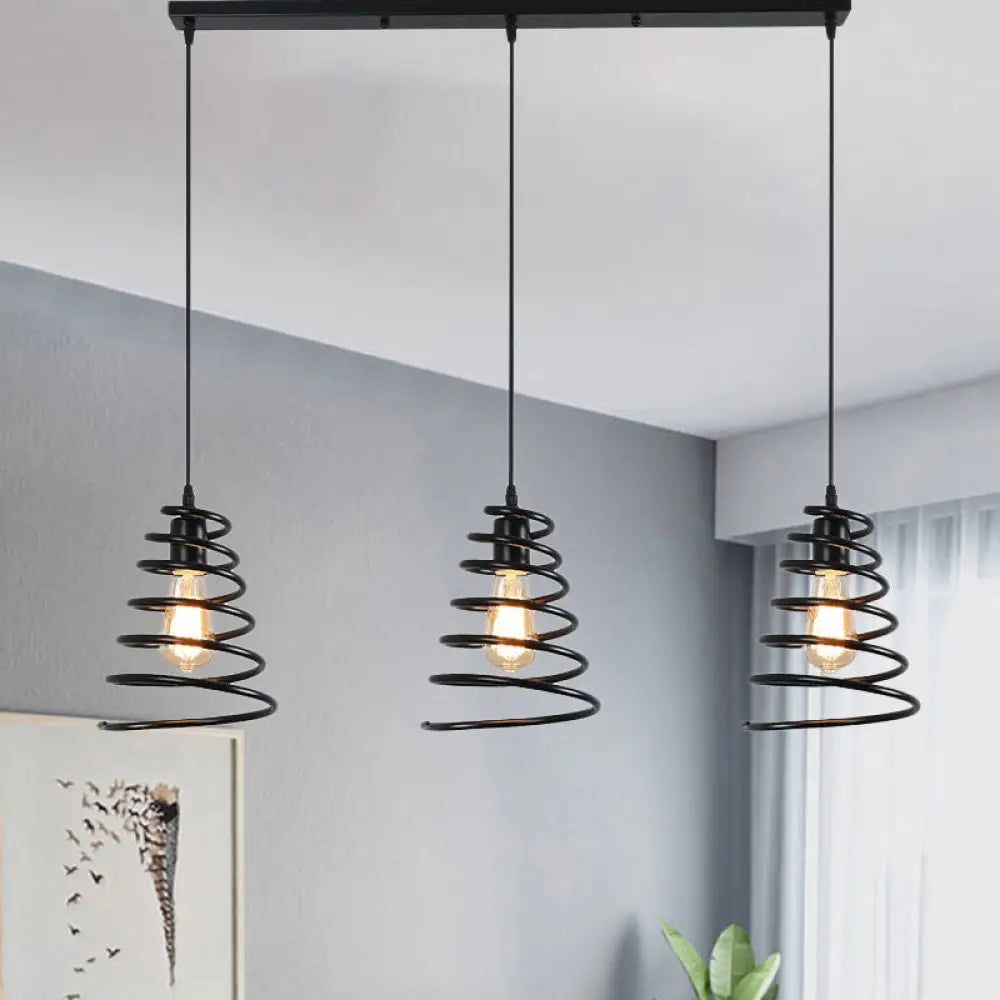 Modern 3-Head Pendant Light in Black - Multi Light Fixture for Loft, Conical Spring Iron Design with Round/Linear Canopy