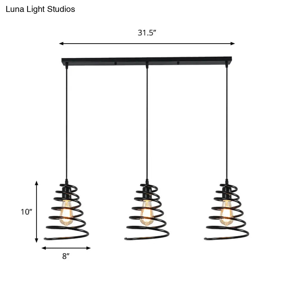 Modern 3-Head Pendant Light in Black - Multi Light Fixture for Loft, Conical Spring Iron Design with Round/Linear Canopy