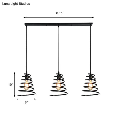 Modern 3-Head Pendant Light in Black - Multi Light Fixture for Loft, Conical Spring Iron Design with Round/Linear Canopy