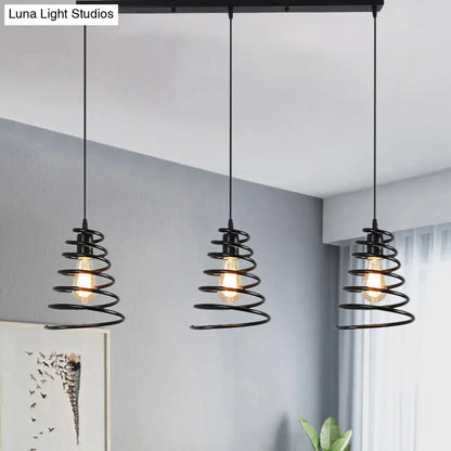 Modern 3-Head Pendant Light in Black - Multi Light Fixture for Loft, Conical Spring Iron Design with Round/Linear Canopy