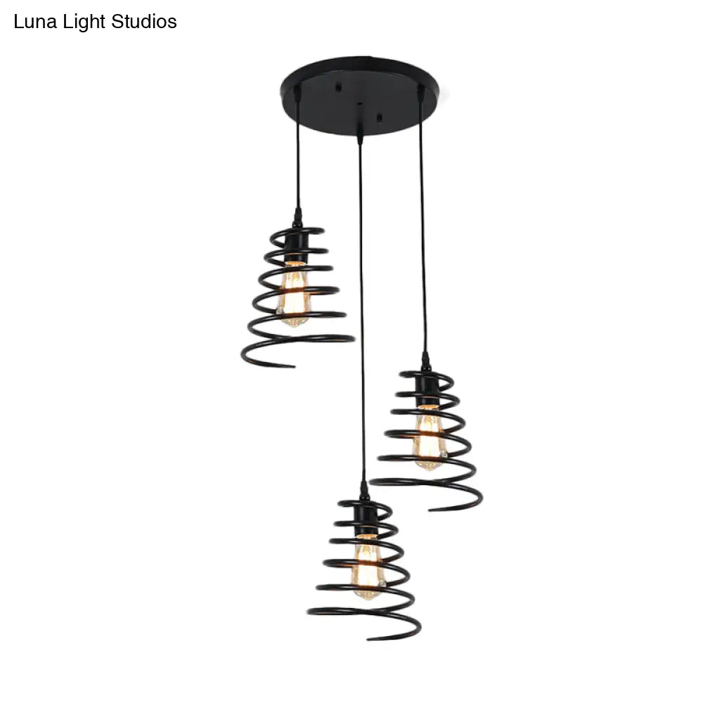 Modern 3-Head Pendant Light in Black - Multi Light Fixture for Loft, Conical Spring Iron Design with Round/Linear Canopy