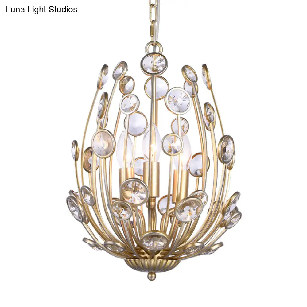 Lámpara de araña moderna de 3 luces con diseño floral en dorado - Lámpara colgante de metal y cristal para comedor