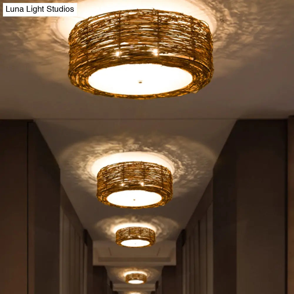 DecorBites™ DecorBites™ Modern 3-Light Rattan Flush Mount Ceiling Lamp - Hand-Woven Round Shade in Brown, 16"/19.5" Width