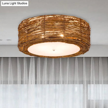 DecorBites™ DecorBites™ Modern 3-Light Rattan Flush Mount Ceiling Lamp - Hand-Woven Round Shade in Brown, 16"/19.5" Width