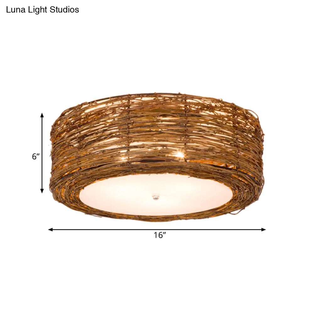DecorBites™ DecorBites™ Modern 3-Light Rattan Flush Mount Ceiling Lamp - Hand-Woven Round Shade in Brown, 16"/19.5" Width