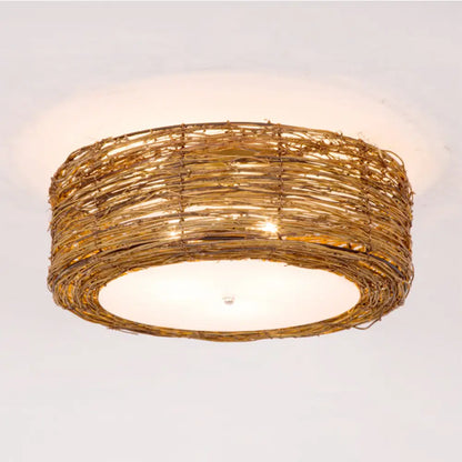DecorBites™ DecorBites™ Modern 3-Light Rattan Flush Mount Ceiling Lamp - Hand-Woven Round Shade in Brown, 16"/19.5" Width