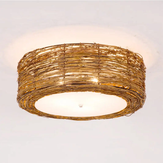 DecorBites™ DecorBites™ Modern 3-Light Rattan Flush Mount Ceiling Lamp - Hand-Woven Round Shade in Brown, 16"/19.5" Width