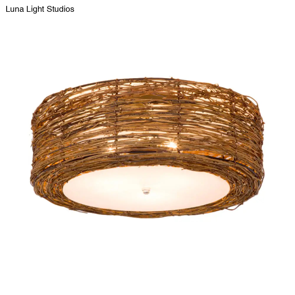 DecorBites™ DecorBites™ Modern 3-Light Rattan Flush Mount Ceiling Lamp - Hand-Woven Round Shade in Brown, 16"/19.5" Width