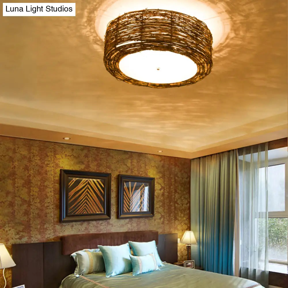 DecorBites™ DecorBites™ Modern 3-Light Rattan Flush Mount Ceiling Lamp - Hand-Woven Round Shade in Brown, 16"/19.5" Width