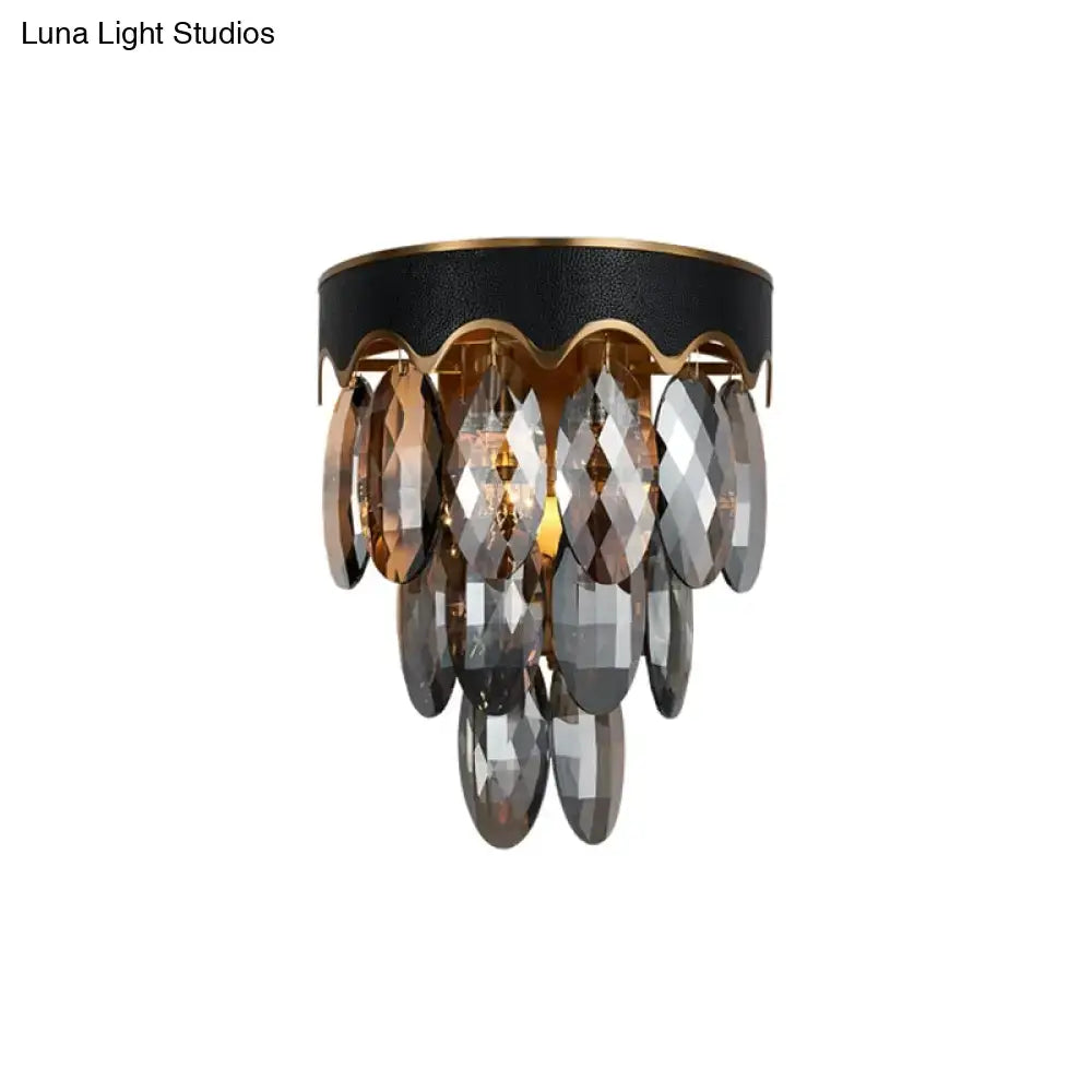Modern 3-tier black and gold wall lamp with cascading faceted crystal droplets for elegant wall mount lighting