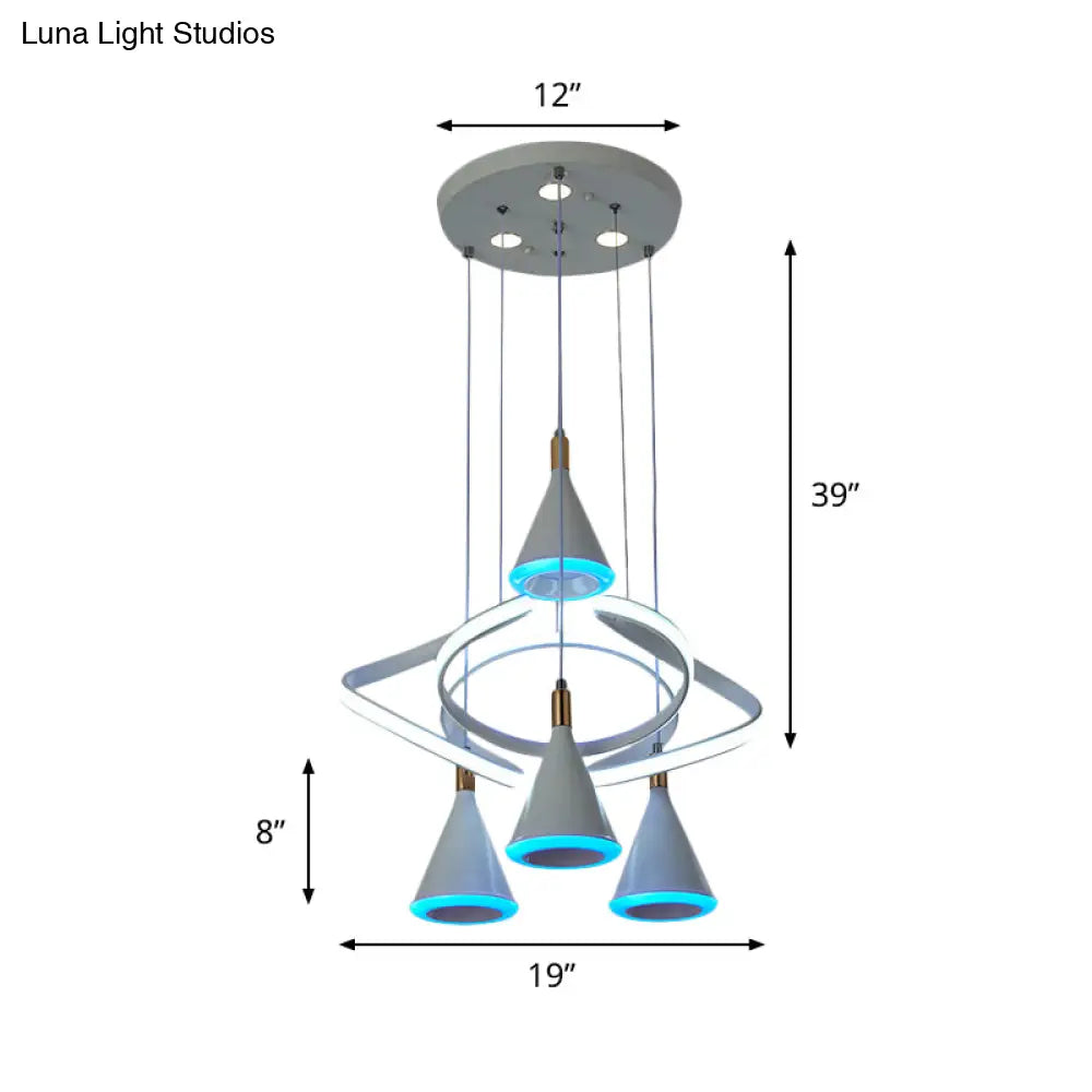 Modern 4-Light Grey LED Cone Acrylic Pendant Lamp with Strip Beam