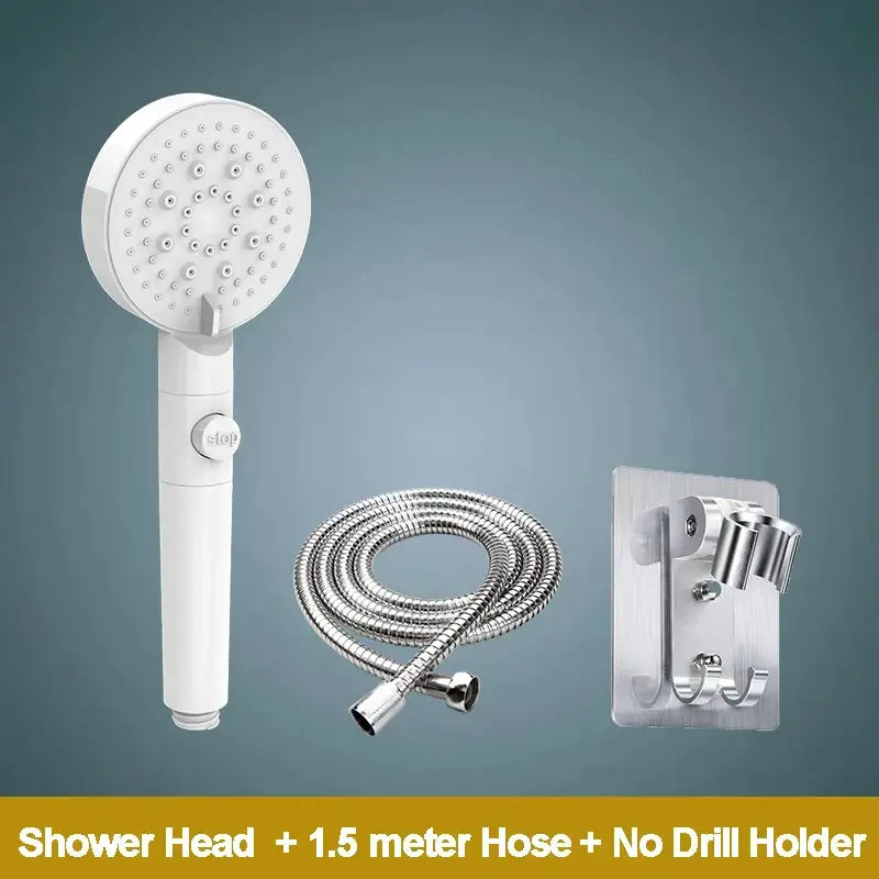 Modern 5-function shower head in white with circular spray face, single button control, metallic hose, and no-drill holder