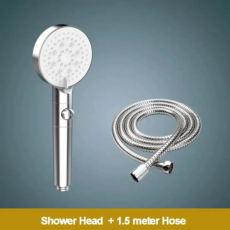 Silver modern 5-function shower head with circular nozzle face and sleek cylindrical handle for bathroom sprayer use