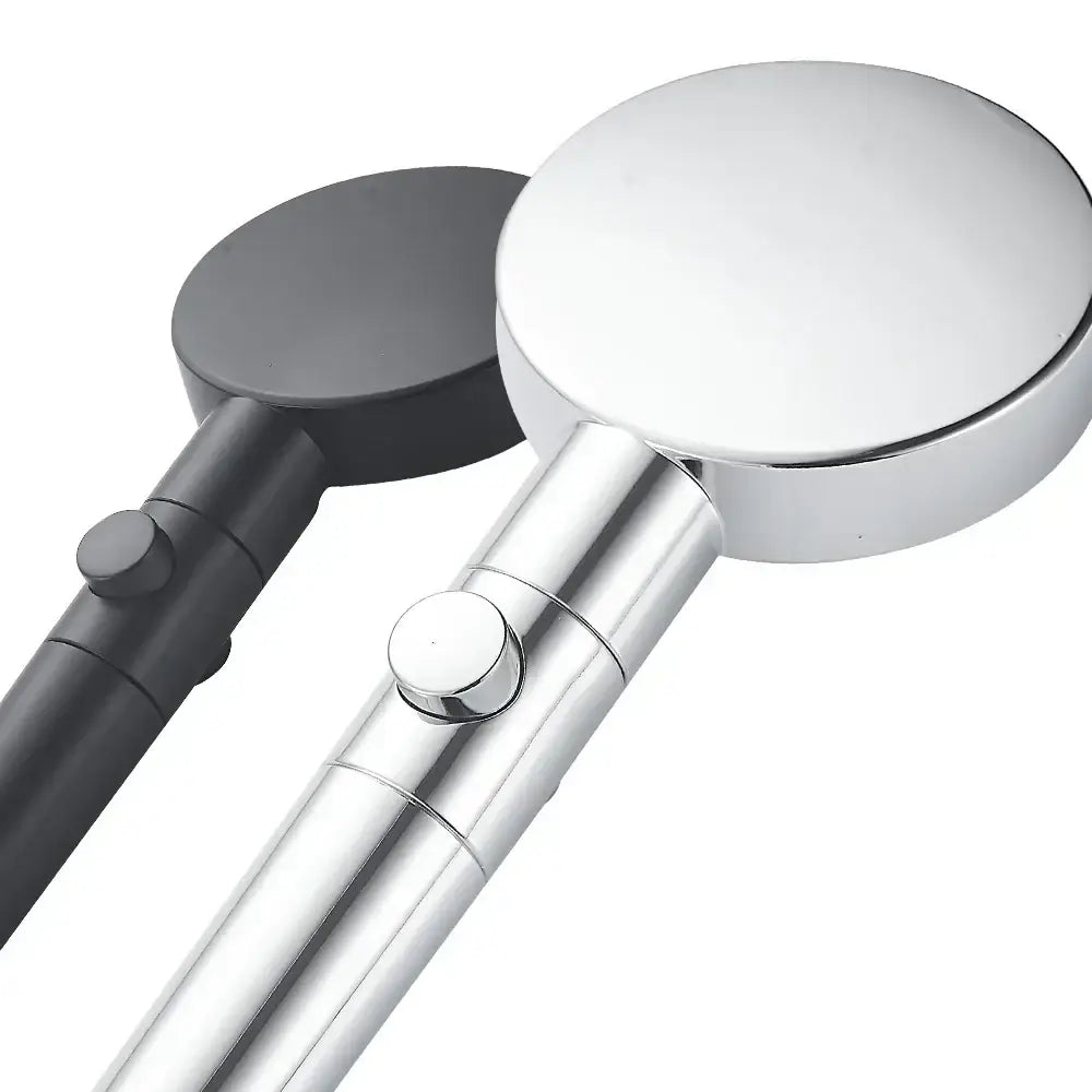 Modern 5-function shower head in shiny chrome and matte black with sleek, modern design for versatile bathroom use