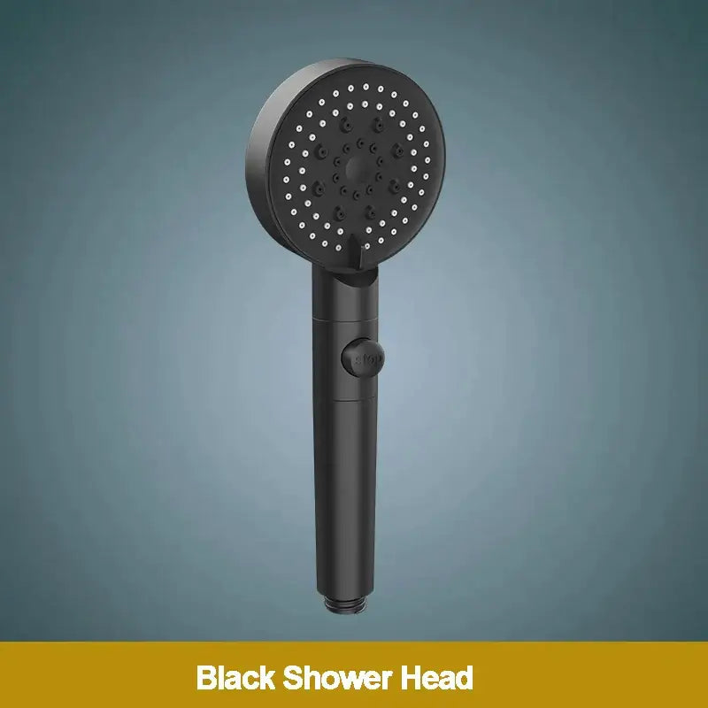 Modern 5-function shower head with a black circular face and multiple nozzles for versatile bathroom use