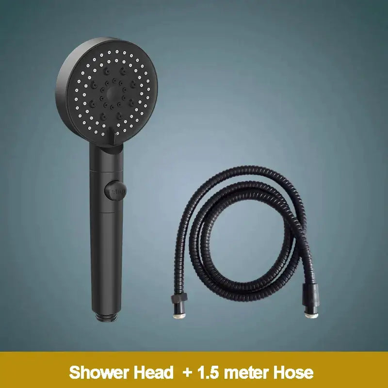 Modern 5-function shower head in black matte finish with circular nozzles and 1.5-meter flexible hose for bathroom use