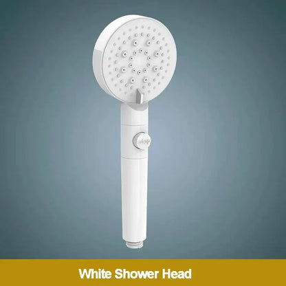 Modern 5-function shower head in white silver and black with circular spray nozzles and stop button on handle
