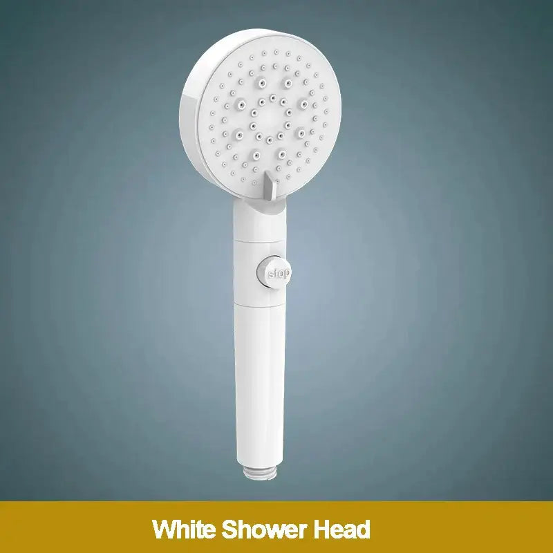 Modern 5-function shower head in white silver and black with circular spray nozzles and stop button on handle