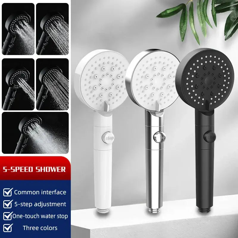 Modern 5-function shower head bathroom sprayer in white silver and black with 5-speed multiple spray nozzles design