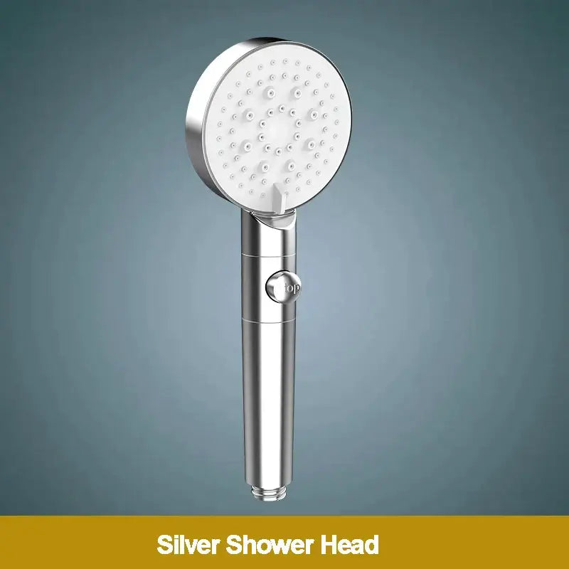 Silver handheld 5-function shower head with cylindrical handle and circular spray face for modern bathroom use