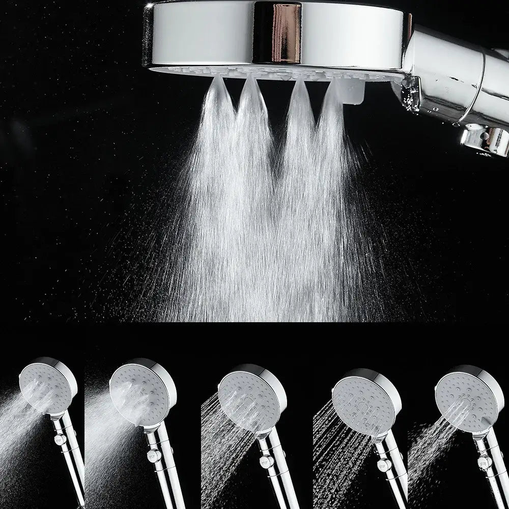 Modern 5-function shower head in white silver and black with chrome finish and multiple spray settings for bathroom use