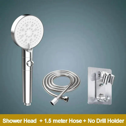Silver 5-function shower head with circular spray face and textured grip handle for modern bathroom sprayer use