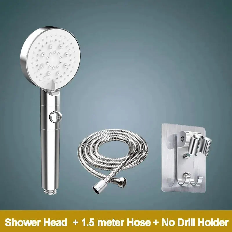 Silver 5-function shower head with circular spray face and textured grip handle for modern bathroom sprayer use