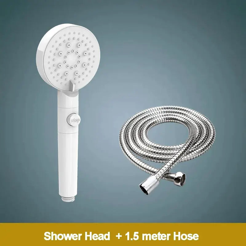 Modern 5-function shower head in white silver and black with circular spray face and flexible metallic hose for bathroom use