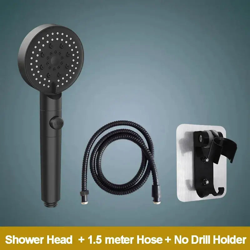 Modern 5-function black matte shower head with circular spray face multiple nozzles flexible hose and wall holder