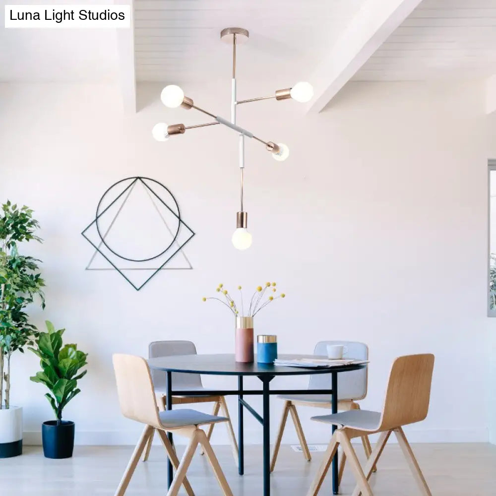 Lámpara de techo moderna rectangular de metal con 5 luces: blanca/negra, bombilla desnuda, para comedor