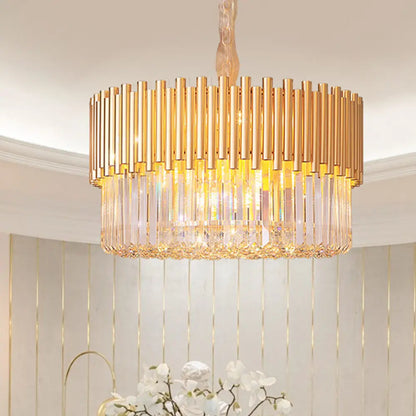 Lámpara de araña moderna de tambor dorado de 8 cabezas: Lámpara colgante LED de cristal biselado para restaurantes