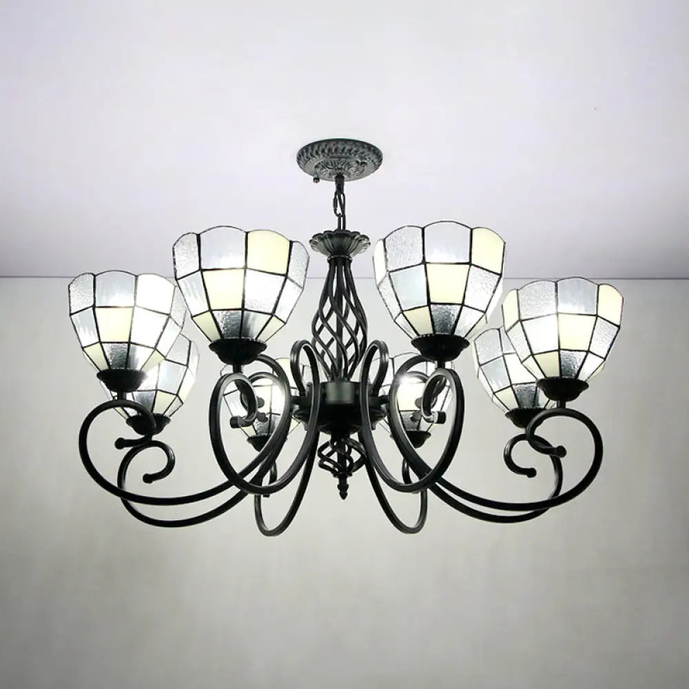 Modern 8-Light Bowl Chandelier with Black Tiffany Curved Arm - White Pendant Light for Hall