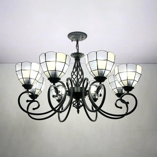 Modern 8-Light Bowl Chandelier with Black Tiffany Curved Arm - White Pendant Light for Hall