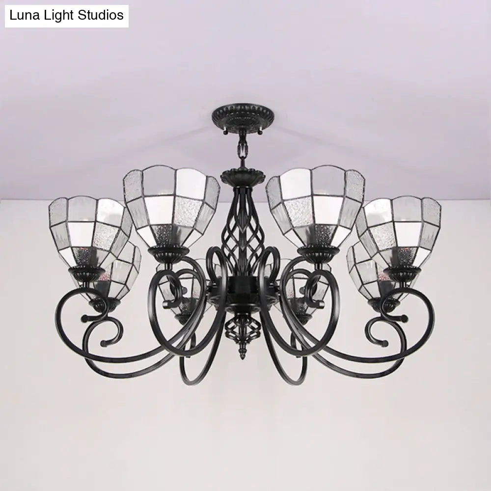 Modern 8-Light Bowl Chandelier with Black Tiffany Curved Arm - White Pendant Light for Hall