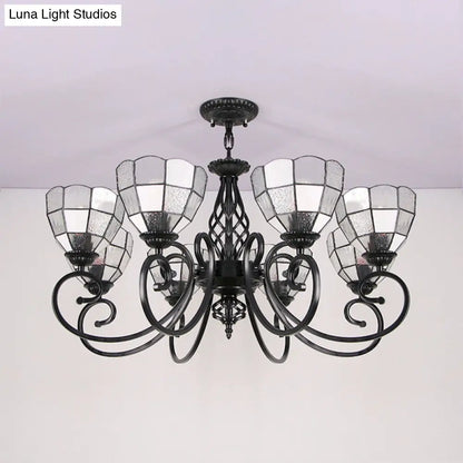 Modern 8-Light Bowl Chandelier with Black Tiffany Curved Arm - White Pendant Light for Hall