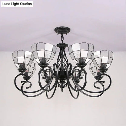 Modern 8-Light Bowl Chandelier with Black Tiffany Curved Arm - White Pendant Light for Hall