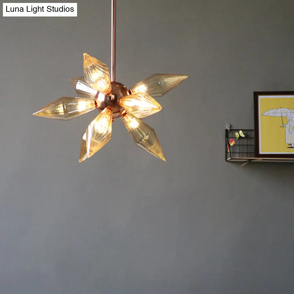 Lámpara colgante moderna de cristal ámbar con forma de diamante, de 9 o 12 brazos, en oro rosa – Ideal para el techo del salón